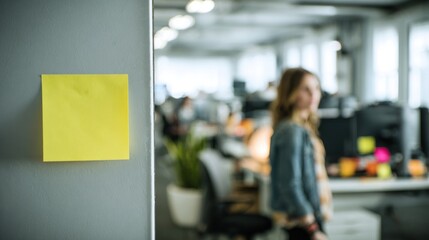 Obraz premium A yellow sticky note is attached to a wall in an office with a blurred person and workspace in the background.