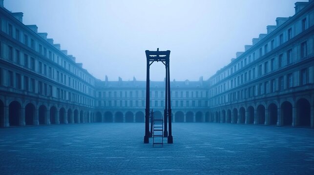 guillotine. An empty square at dawn, the silhouette of a tall guillotine faint in the morning mist. event programs, museum guides, designed for cultural heritage projects and event programs.
