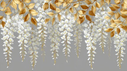Elegant Floral Design with Cascading White Flowers and Golden Leaves on Grey Background in Decorative Style for Wallpaper and Backdrop