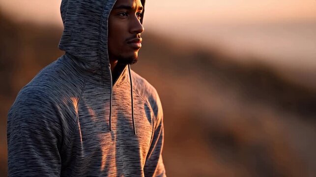 Man in hoodie checking smartwatch outdoors