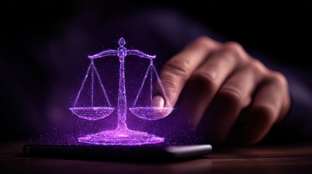 Digital Justice - Scales of Justice Hologram on Smartphone with Hand.