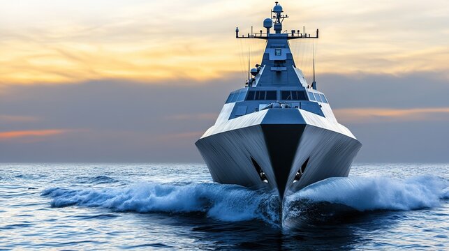 corvette. Grey naval vessel cutting through ocean waves at dusk. mobility guides, transit brochures, designed for transport & logistics marketing and mobility and urban transit guides.