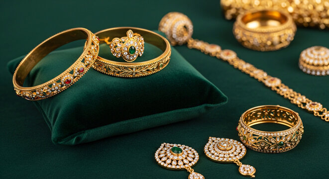 Opulent Traditional Indian Gold Jewelry Set Featuring Ornate Bangles And Precious Gems On Deep Green Velvet