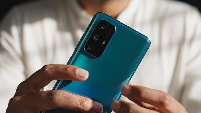 Person holding a blue smartphone