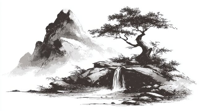 Monochrome ink wash painting of mountain landscape with cascading waterfall and gnarled tree on rocky foreground