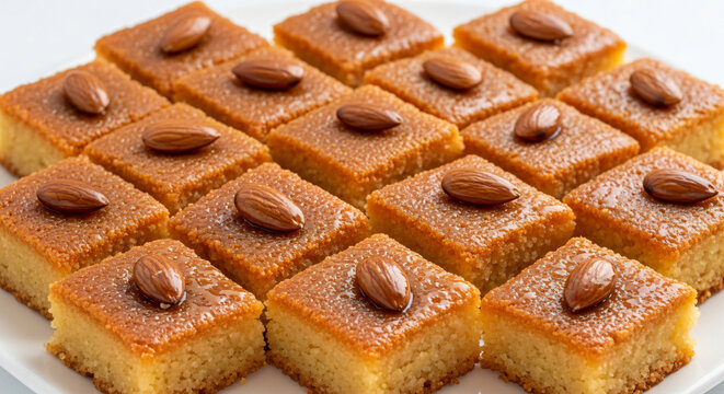 Delicious Golden Basbousa (Hareesa) Dessert Squares Soaked in Sweet Syrup and Topped with Whole Almonds