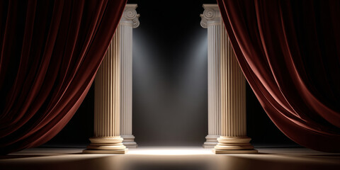 Obraz premium Classical stage with red velvet curtains and illuminated ancient Greek-style columns in a dark theatrical setting