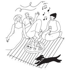 people are making a picnic with alcohol and fruit