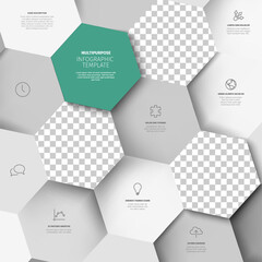 Professional infographic template with three big hexagon photo placeholders featuring a 3D hexagonal layout for data visualization. Hexagonal infographic template with place for your custom photos.