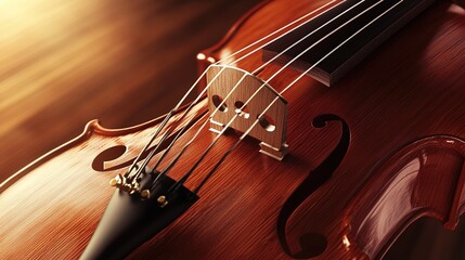 friction. A violin bow drawn across strings, creating a blurred arc of motion, warm wood tones. product launch decks, UI/UX mockups, designed for data visualization dashboards and holographic UIs.