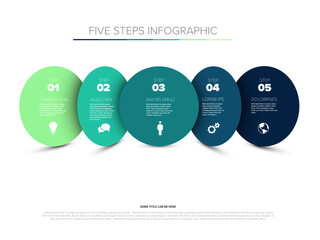 This professional five steps infographic features overlapping circles to represent a five steps business flow. Use this template for clear data visualization and project planning.