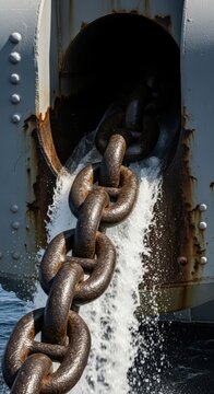 Rusty anchor chain discharging water from ship's hawsepipe at sea on a sunny day