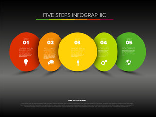 This professional five steps infographic template features five steps in a workflow. The modern five steps infographic layout uses circles and icons for clear business data visualization.