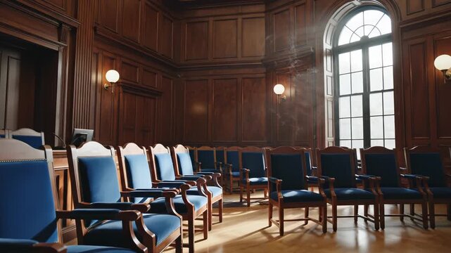 Empty courtroom with wooden paneling