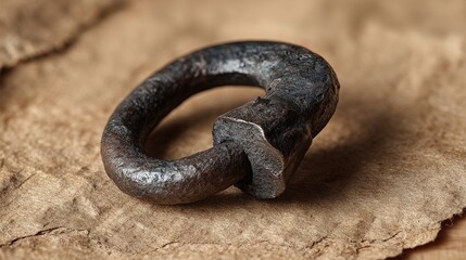 shackle. Broken iron shackle with a new fracture on an aged parchment-textured surface. event programs, museum guides, designed for cultural heritage projects and event programs.