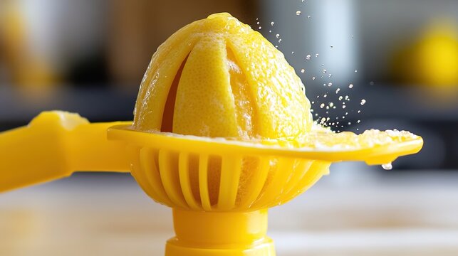 squeezer. A yellow lemon squeezer being compressed, droplets flying in kitchen scene. menu design, packaging mockups, designed for culinary blogs and recipe cards for restaurants, inspires cooking.