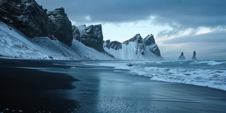 snow covered mountain north sea ocean landscape in background
