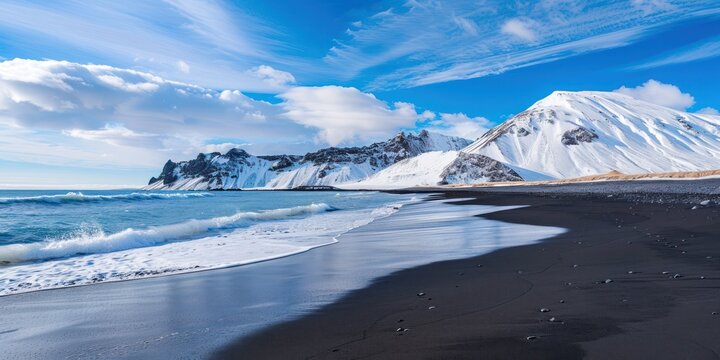 snow covered mountain north sea ocean landscape in background