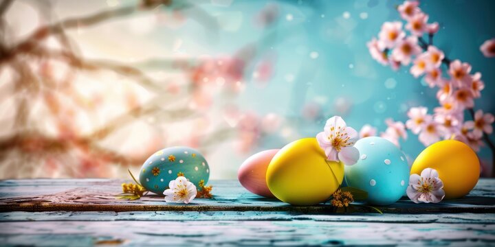 Easter eggs with flowers on table nature landscape
