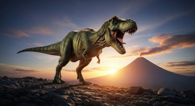 A dinosaur roars loudly on rocky terrain against a volcanic landscape at sunset from a low angle viewpoint