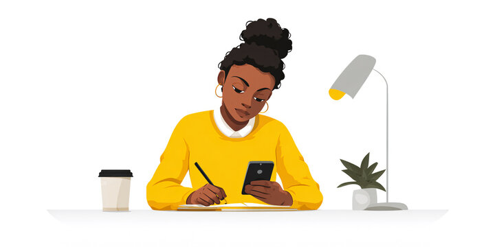 Young Black woman working at desk with phone and notebook, focused on tasks with coffee and desk lamp Concept of remote work, study, and productivity