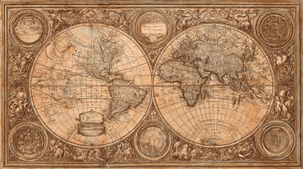 Obraz premium Vintage world map with aged parchment texture, detailed cartography in warm sepia tones for an antique aesthetic. 