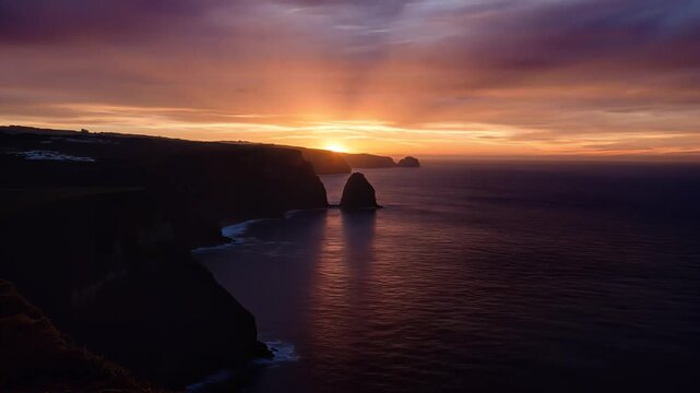 Sunset over dramatic coastal cliffs and sea stacks at golden hour
