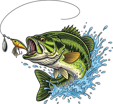 Illustration of a largemouth bass jumping from the water to strike a fishing lure.