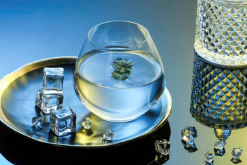 Refreshing cold drink in round glass with ice cubes and mint leaf on blue background © San7news