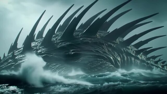 Colossal spined creature emerging from stormy ocean waters