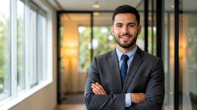 Handsome confident young businessman with dark hair and beard wearing a tailored gray suit and blue tie poses successfully