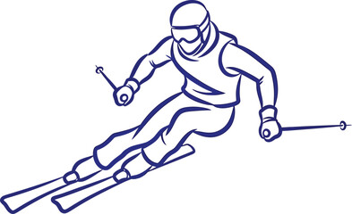 Fototapeta premium Minimalist blue line drawing of a skier descending a slope in a crouched athletic pose