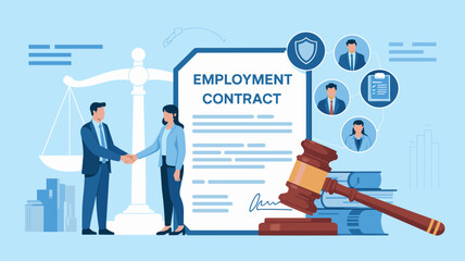 Businessman and businesswoman shaking hands over employment contract with justice scale and gavel, Equal employment agreement and labor law concept