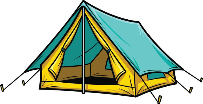 A colorful cartoon illustration of a yellow and cyan camping tent with guy lines.