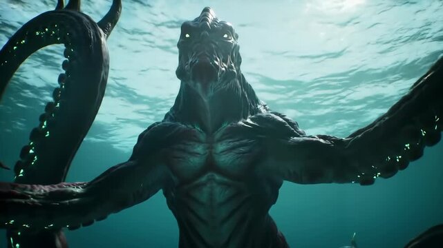 Massive submersible monster with glowing suckers rising from deep ocean
