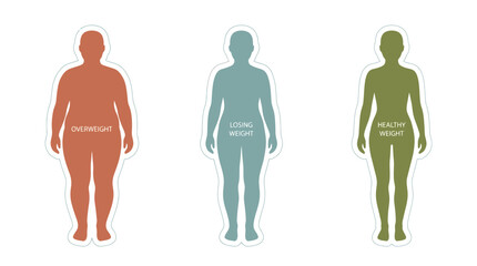 Three Human Body Silhouettes Showing Overweight, Losing Weight, and Healthy Progression with Text Labels for Obesity and Wellness Transformation, Flat Graphic in Muted Colors, Vector Isolated.