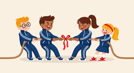 Naklejka premium Vector illustration of four diverse elementary school children in blue tracksuits playing tug-of-war with a red ribbon tied in the middle, isolated on a light beige background.