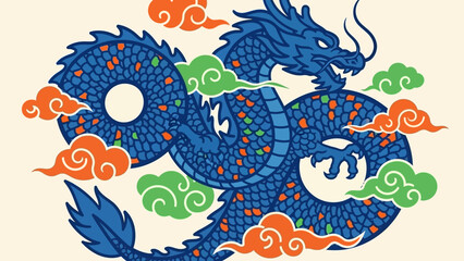 Obraz premium vibrant blue chinese dragon art coiled amidst orange and green auspicious clouds representing power prosperity and cultural celebration.