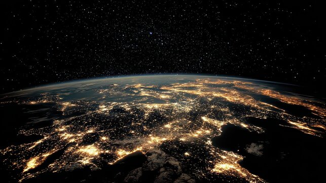 Aerial View of City Lights Glowing at Night Under Starry Sky Earth's Horizon Curving Into Space