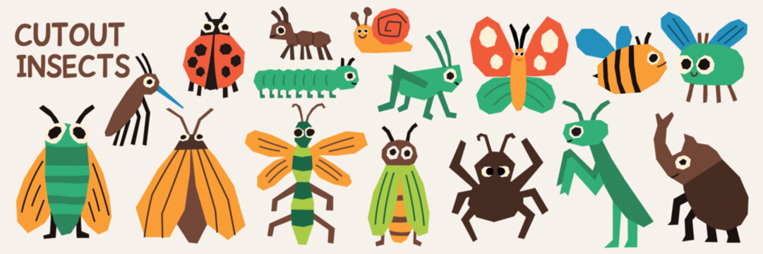 Insect cutout set with bee ladybug ladybird moth and snail simple. Cute insect artwork for kids posters nursery prints and educational design.