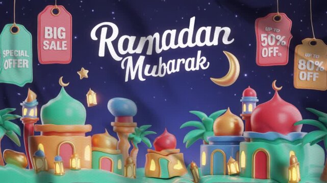 3D animated Ramadan Mubarak theme video with a wavy flag style, suitable for campaigns. Motion graphics, 4K footage.