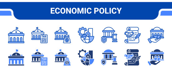 Obraz premium Economic Policy Icon Collection, featuring Government, Tax, Budget, Infrastructure, Regulation, Policy, Public service.