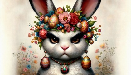 Osterhase mit Blumenschmuck und Ostereiern als Ohrringe
