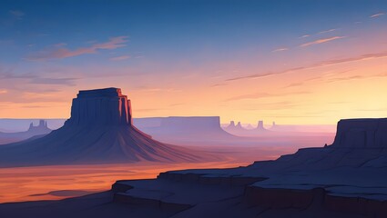 Naklejka premium A serene desert landscape at sunset with towering rock formations and a colorful sky transitioning into twilight