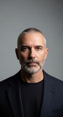 Fototapeta premium Portrait of mature caucasian male with gray hair and beard in dark outfit against neutral background