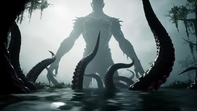 Colossal humanoid creature and massive tentacles emerging from murky swamp water