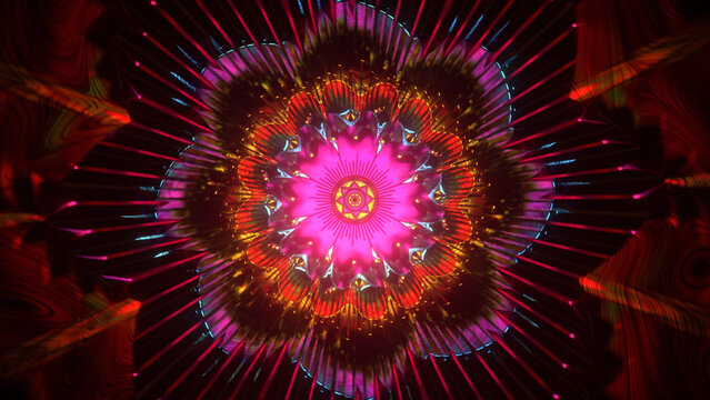 Colorful abstract mandala tunnel composed of layered reflective shapes. Radiating symmetry, depth perspective and vibrant highlights create a hypnotic futuristic visual background
