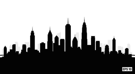 Fototapeta premium A stark black silhouette of a modern city skyline against a pure white background, showcasing a collection of towering skyscrapers and diverse architectural structures