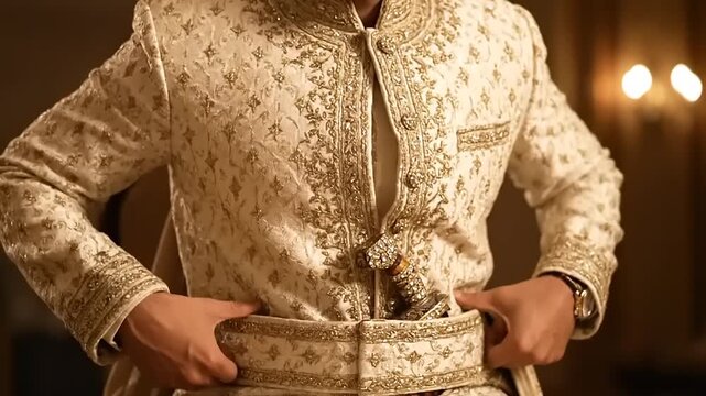 Groom adjusts ornate Indian wedding Sherwani. Formalwear, culture, tradition, gold embroidery, ceremonial clothing, ethnic fashion, festive, opulent, celebration