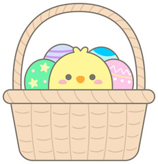 Cute Pastel Easter Basket Filled with Decorated Eggs and Tiny Baby Chick